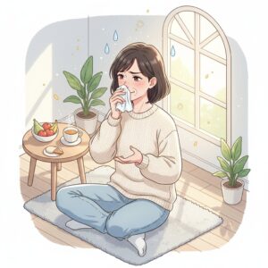 止まらない鼻水に悩む女性がティッシュを持っている、解決策を探しているような表情、明るい雰囲気