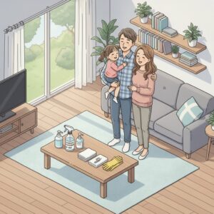 胃腸風邪の感染力を断ち切る家族と消毒用品のイメージ