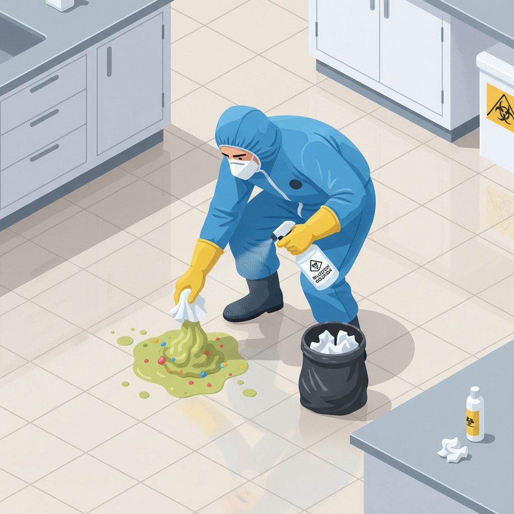 塩素系漂白剤で嘔吐物を処理する様子