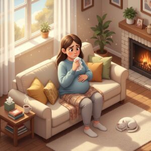 妊娠初期の女性が風邪をひいて心配そうにしている様子